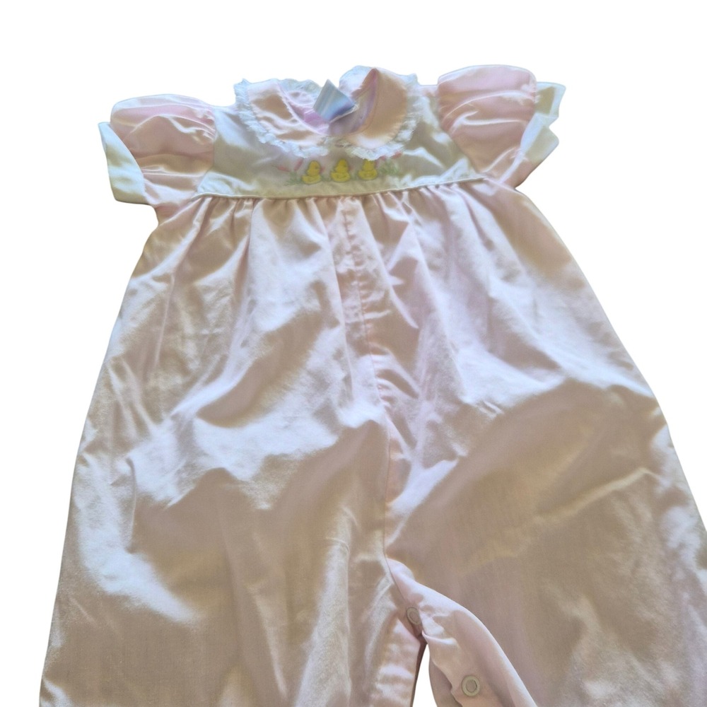 Vintage Toddle Tyke Pink Duckling Embroidered Romper Lace Collar 12M Easter - Picture 6 of 6